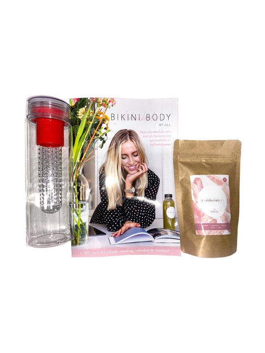 Bikinibody Stay Fit At Home package, includes the e-book, Teatox 21, Teatox drinks bottle